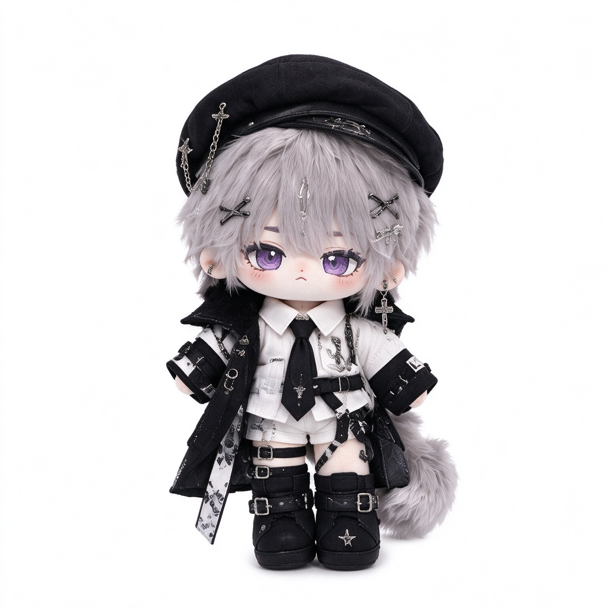 20CM Silver-Haired Gothic Cotton Doll with Cap and Layered Outfit