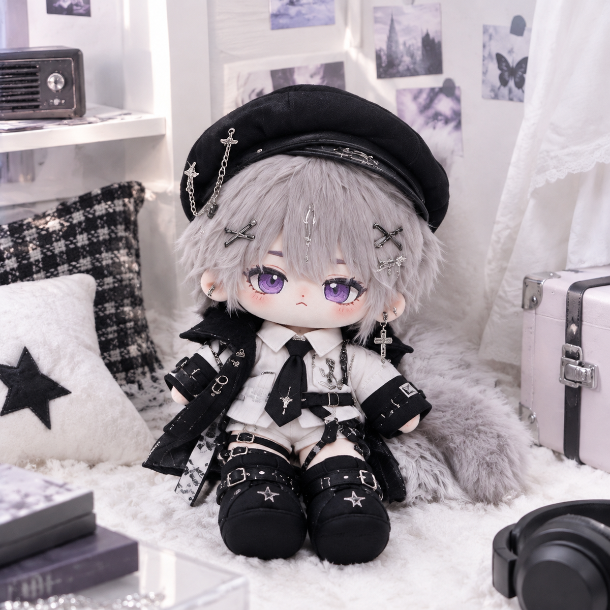 20CM Silver-Haired Gothic Cotton Doll with Cap and Layered Outfit