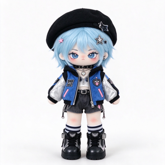 20CM Blue-Haired Streetwear Cotton Doll – Star Beret Outfit