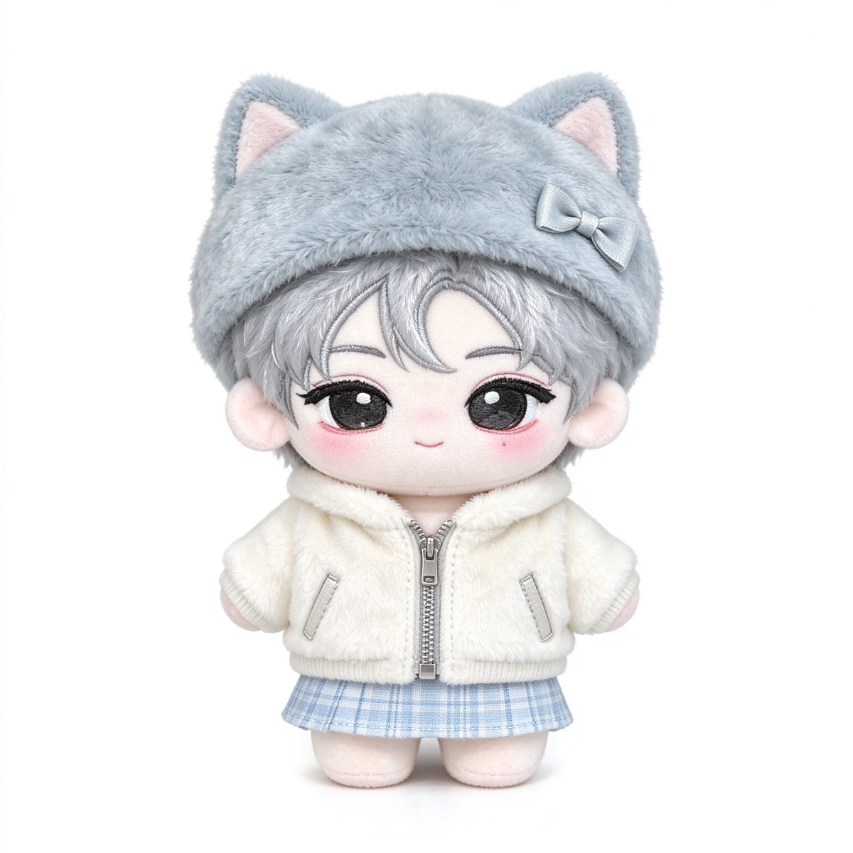 10CM Grey Cat Hat Girl Cotton Doll White Fur Jacket Plush