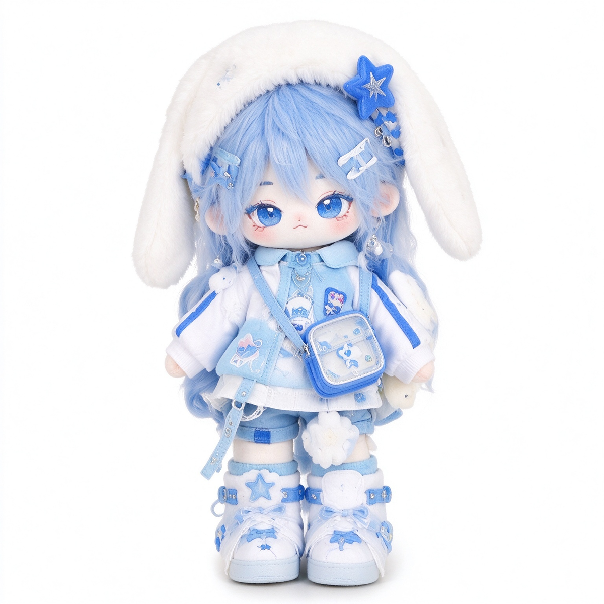 20CM Blue Bunny Cotton Doll with Kawaii Streetwear Outfit