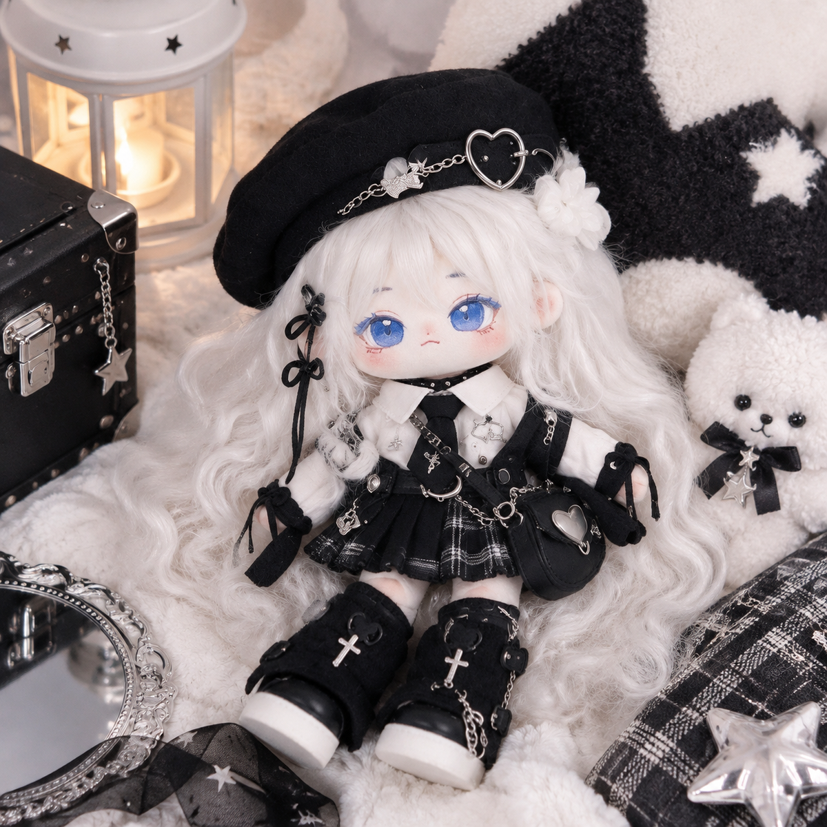 20CM White-Haired Gothic Cotton Doll with Beret and Plaid Skirt