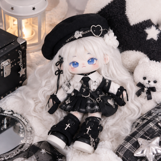 20CM White-Haired Gothic Cotton Doll with Beret and Plaid Skirt