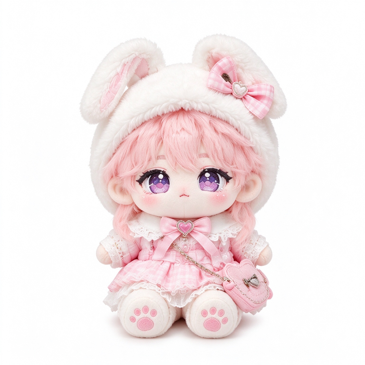 10CM Pink Bunny Ear Dress Cotton Doll Kawaii Pocket Plush Toy