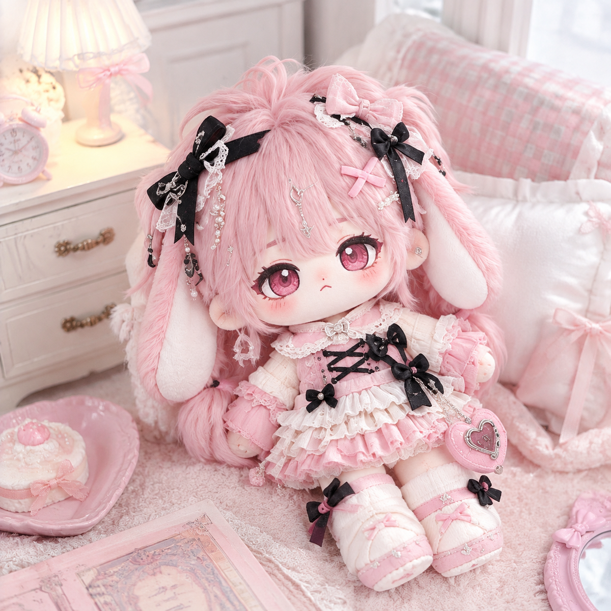 20CM Pink Bunny Cotton Doll in Sweet Lolita Ruffle Dress