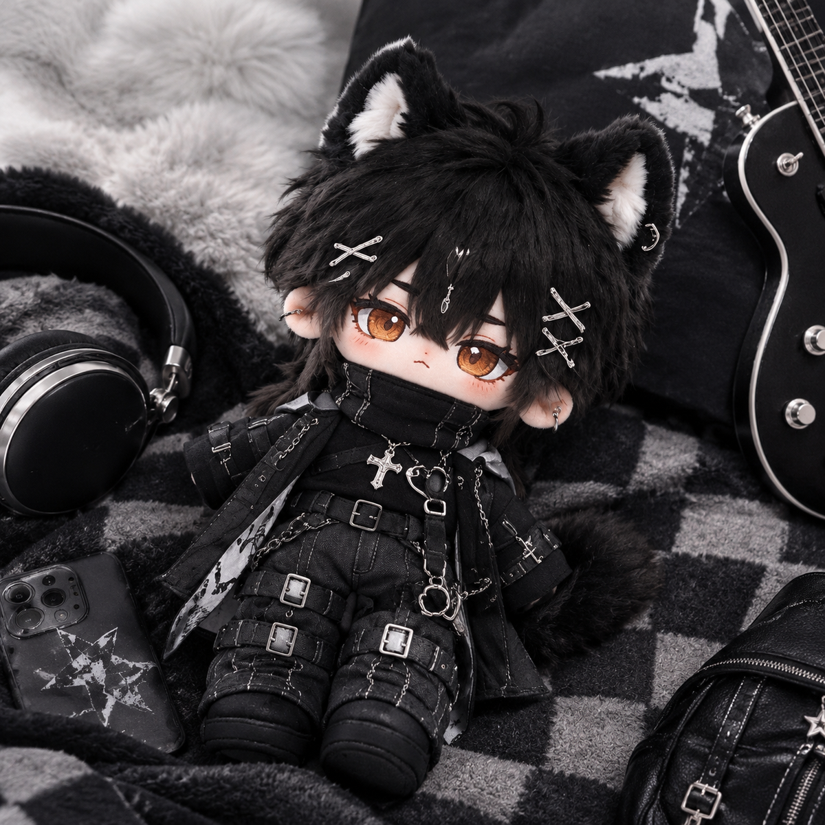 20CM Black Wolf Cotton Doll in Gothic Utility Outfit