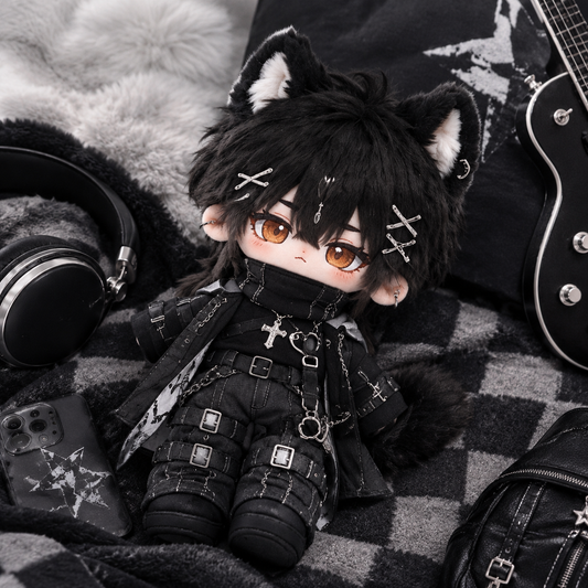 20CM Black Wolf Cotton Doll in Gothic Utility Outfit