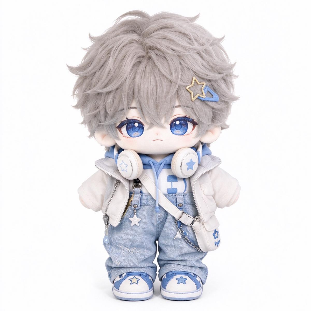 40CM Blue Streetwear Cotton Boy Doll with Headphones and Star Sneakers