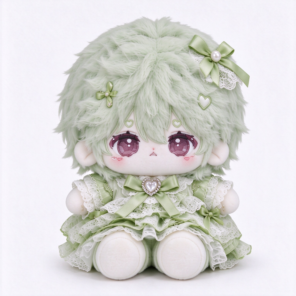 40CM Mint Green Lace Cotton Doll with Fluffy Hair and Heart Details