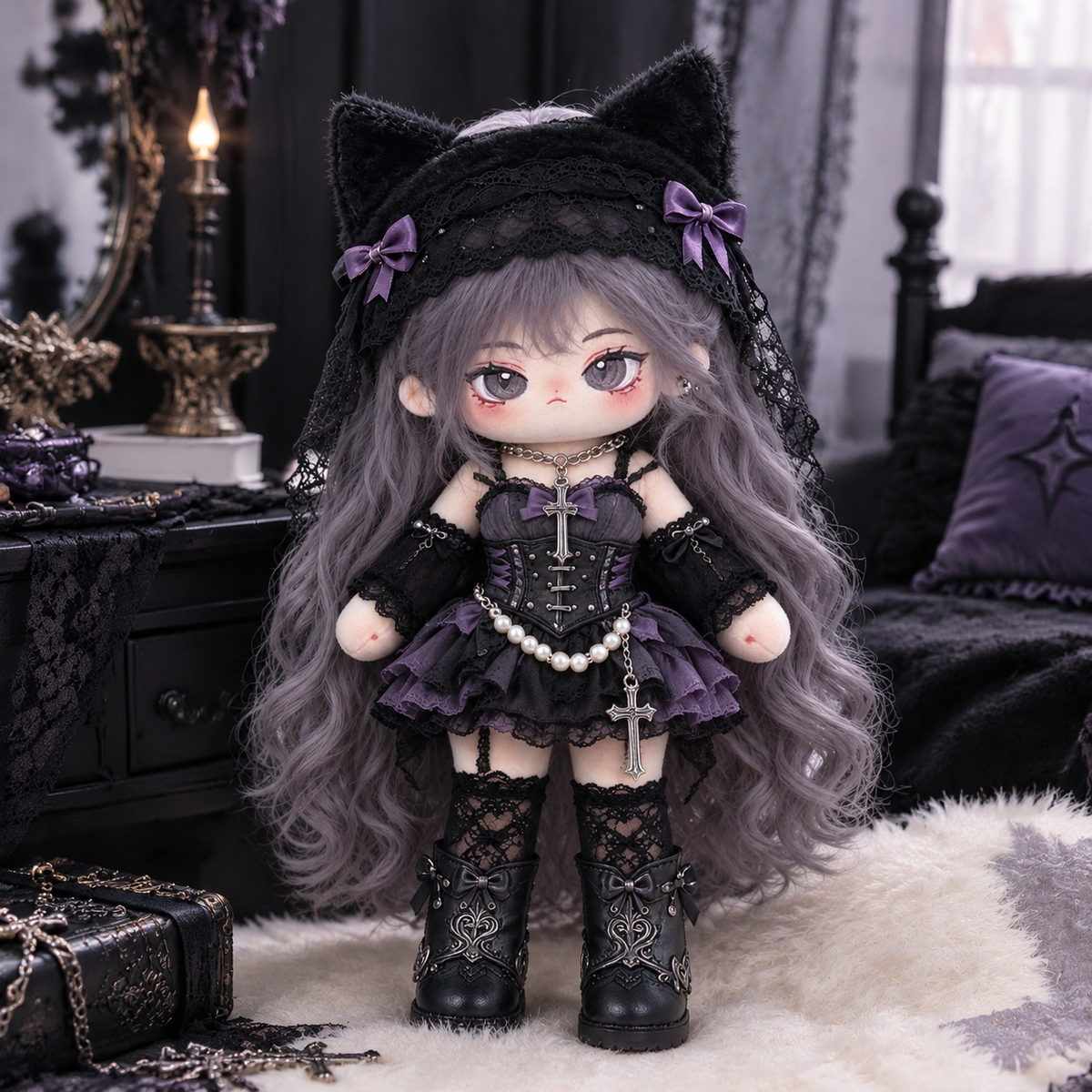 20CM Gothic Lolita Cotton Doll – Purple Lace & Cross Details