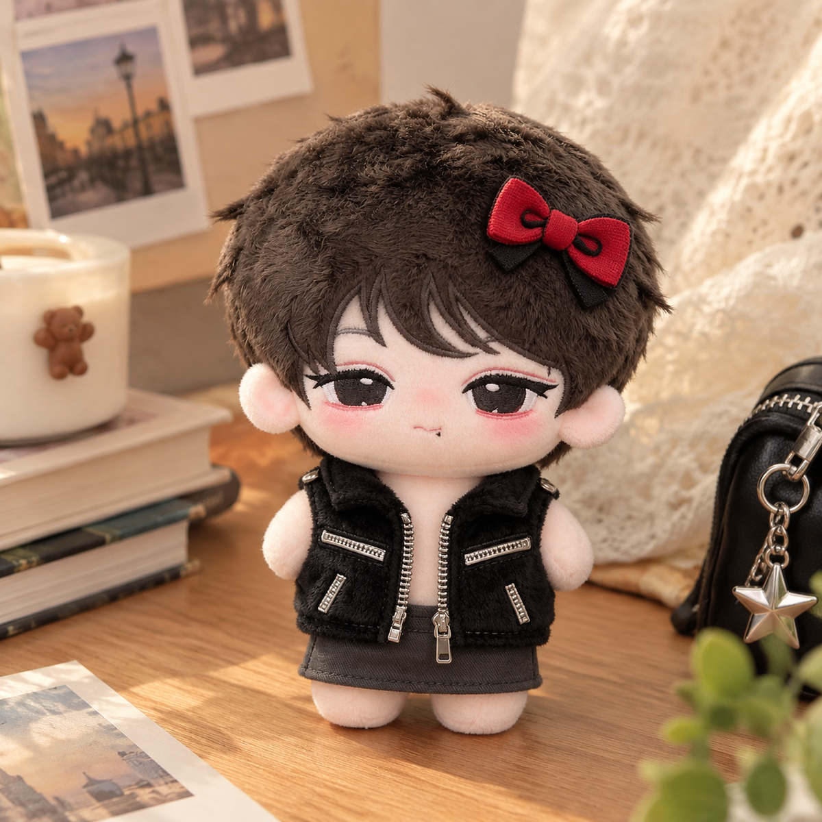 10CM Black Hair Red Bow Girl Cotton Doll Cool Plush Toy