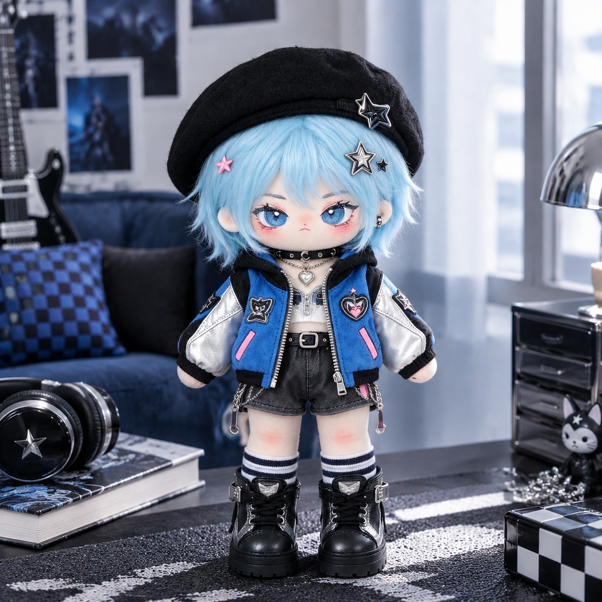 20CM Blue-Haired Streetwear Cotton Doll – Star Beret Outfit