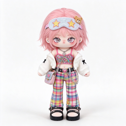 20CM Pink-Haired Cotton Doll – Colorful Plaid & Sparkle Outfit