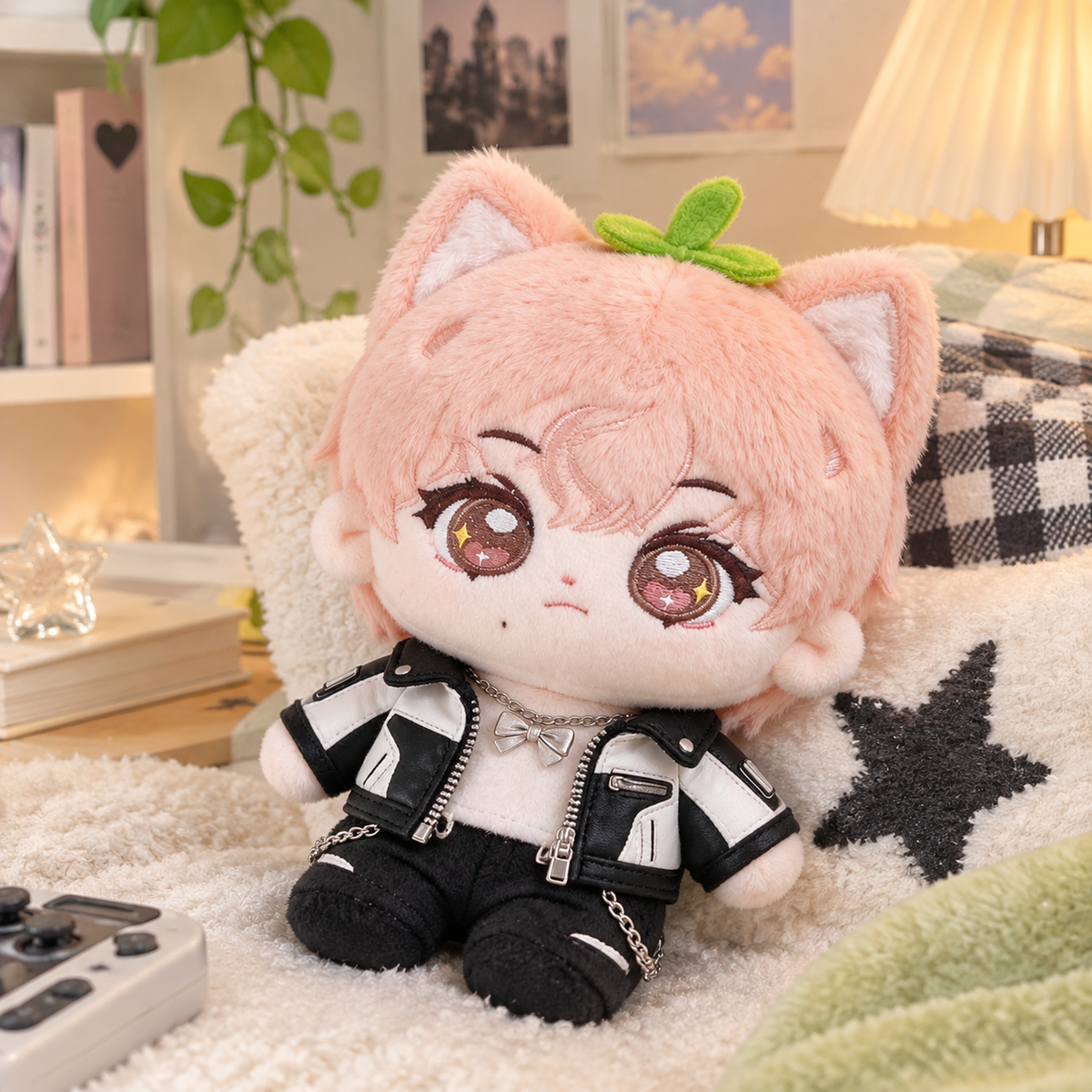 10CM Pink Cat Ear Boy Cotton Doll Leather Jacket Plush